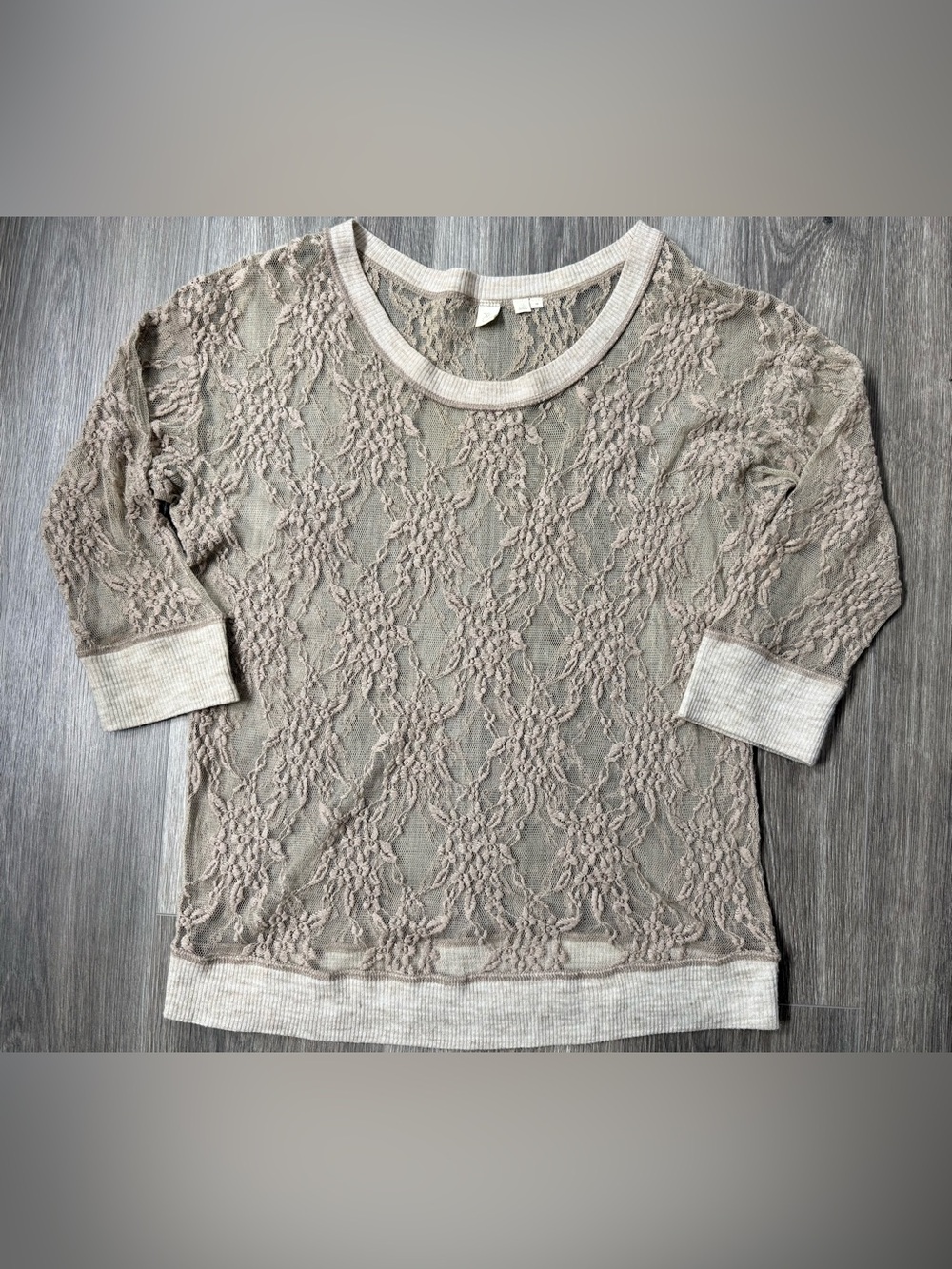 Anthropologie Eloise Lace Overlay Top Med Oatmeal Floral Mesh Cottagecore Boho